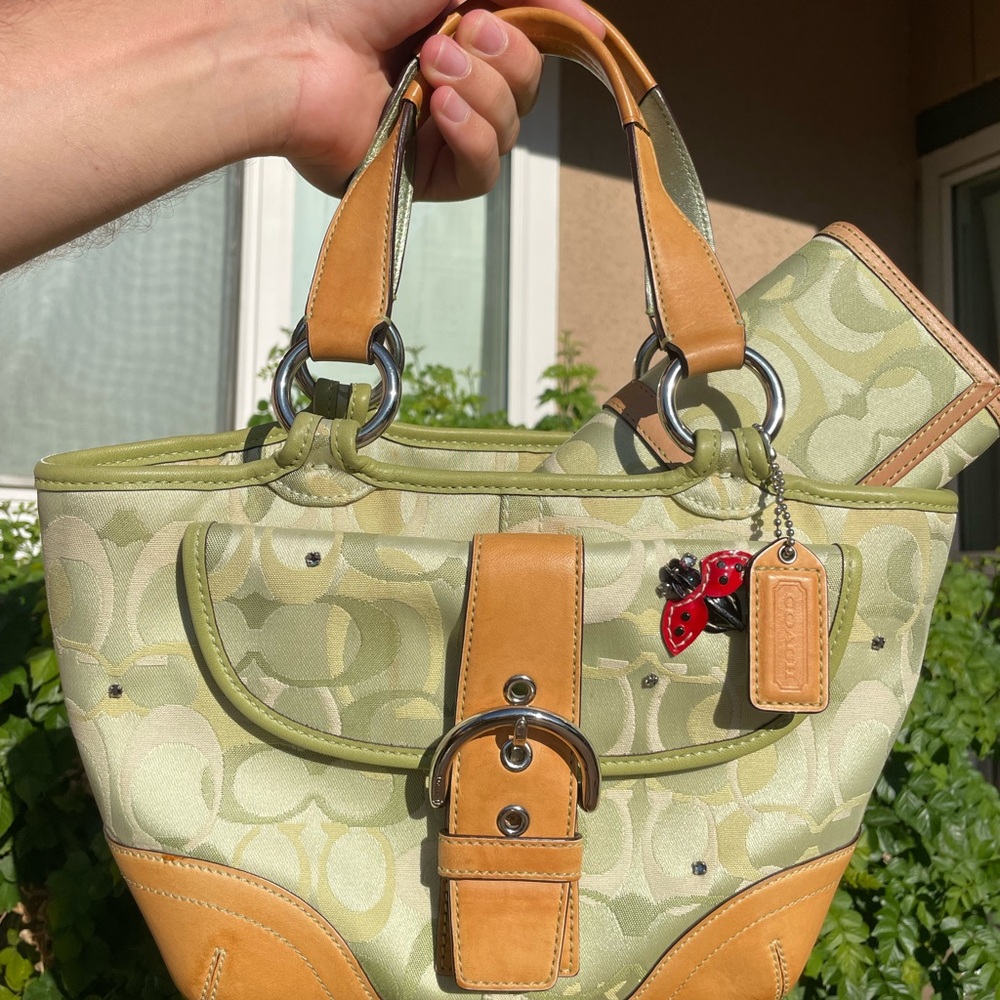 SOLD Coach 2004 Limited Edition Green Optic C Ladybug Tote & Matching Wallet